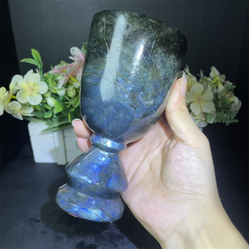 1.8LB 5.9″ Natural A+++Blue Flash Cup Carved Crystal Quartz Reiki Decor Reiki