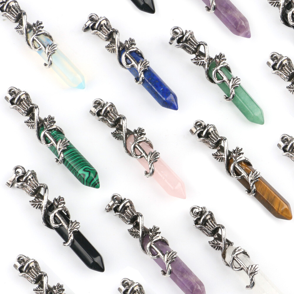 Natural Crystal Hexagonal Column Double Point Pendant Rose Flower Wrapped Chakra