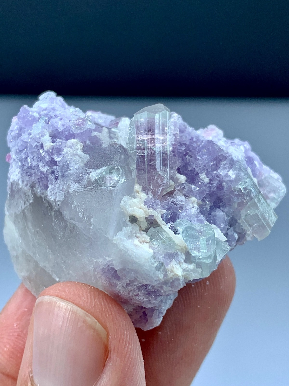 60 GM Terminated Bi Colour Tourmaline Crystal Combine With Lepidolite On Quartz