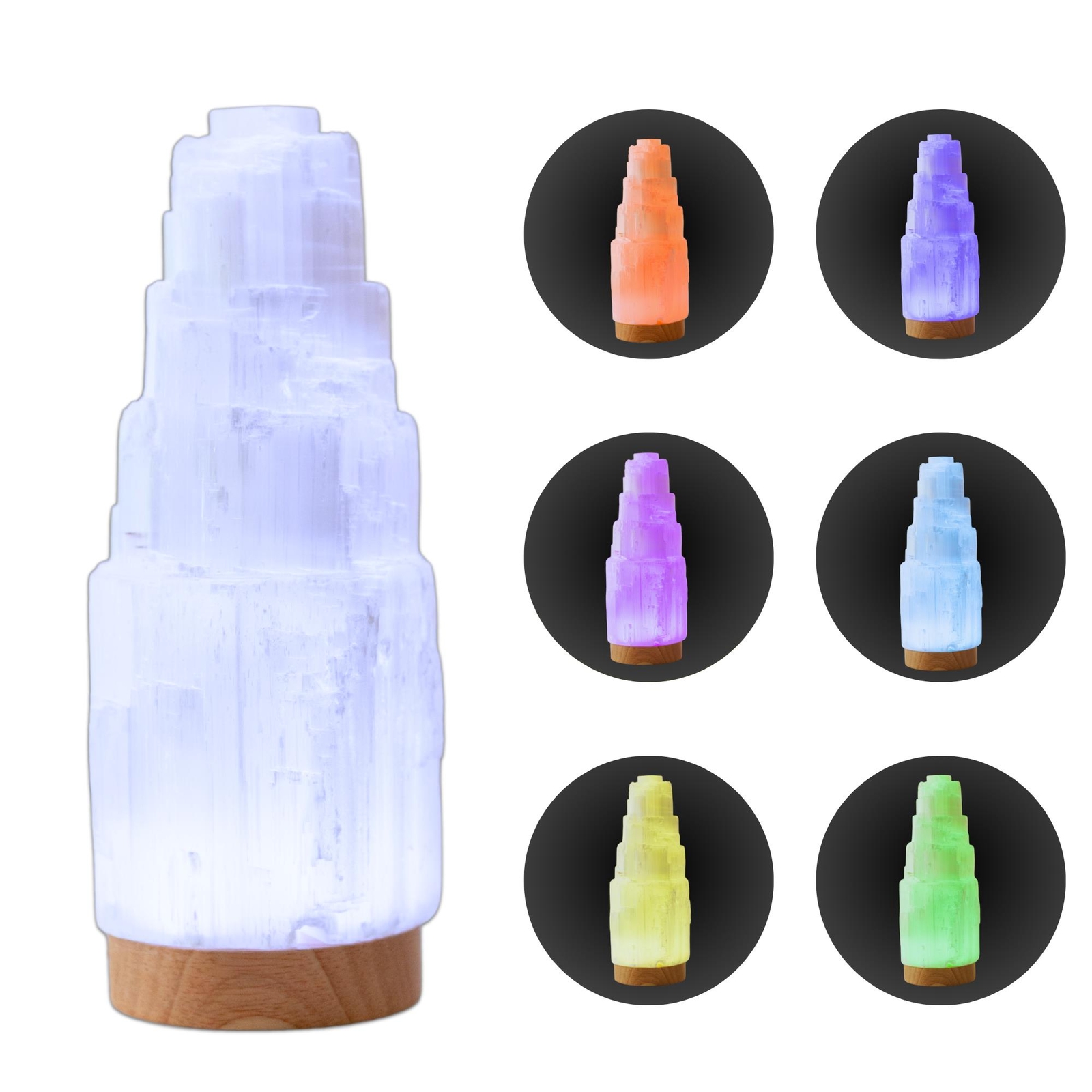 7 Colors Selenite Crystal Lamp Tower with Wooden LED Base, Spiritual Gift