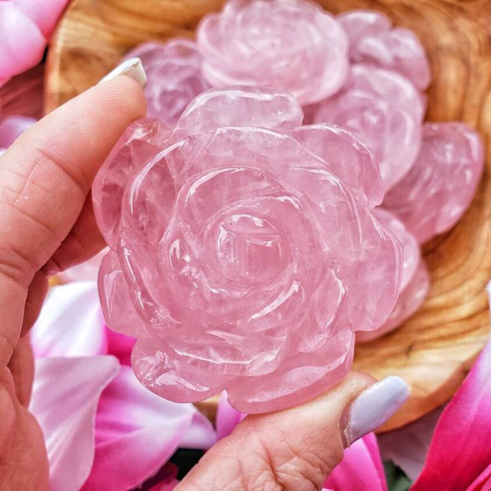 2″ Natural Rose Quartz Flower Rose Hand Carved Crystal Skull Reiki Healing