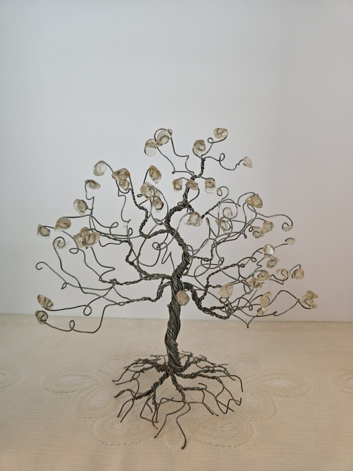 Woven Wire & Clear Gem Tree. Freestanding Decorative Handmade Art Decor. Silver.