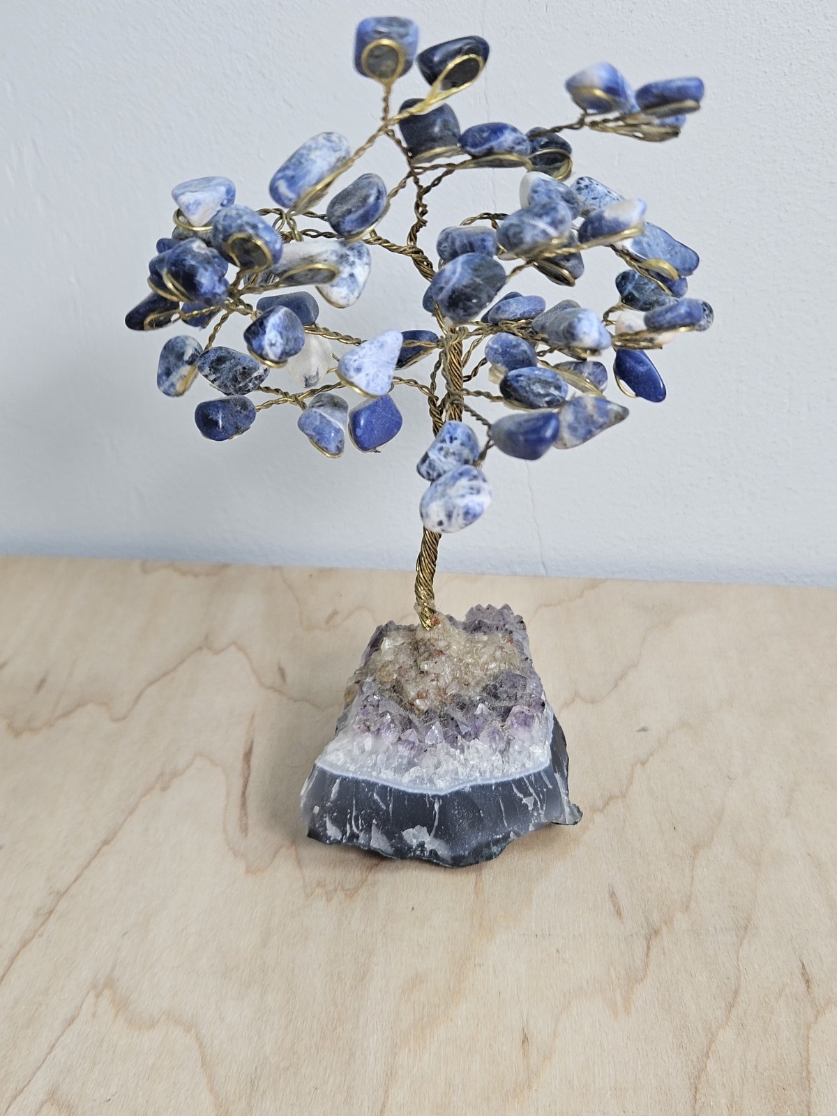Sodalite Gemstone Tree on Amethyst Cluster Base Crystal Bonsai Decor 6″ Tall