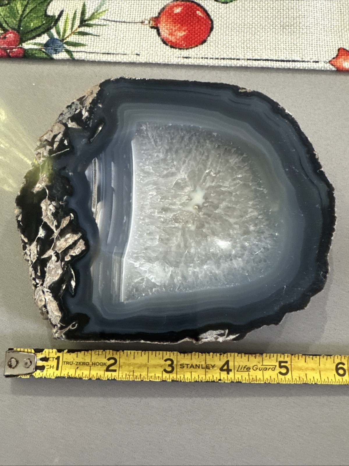 Polished Agate Slice Dish Tray | Natural Black Gray Crystal Geode Desk Tray Key