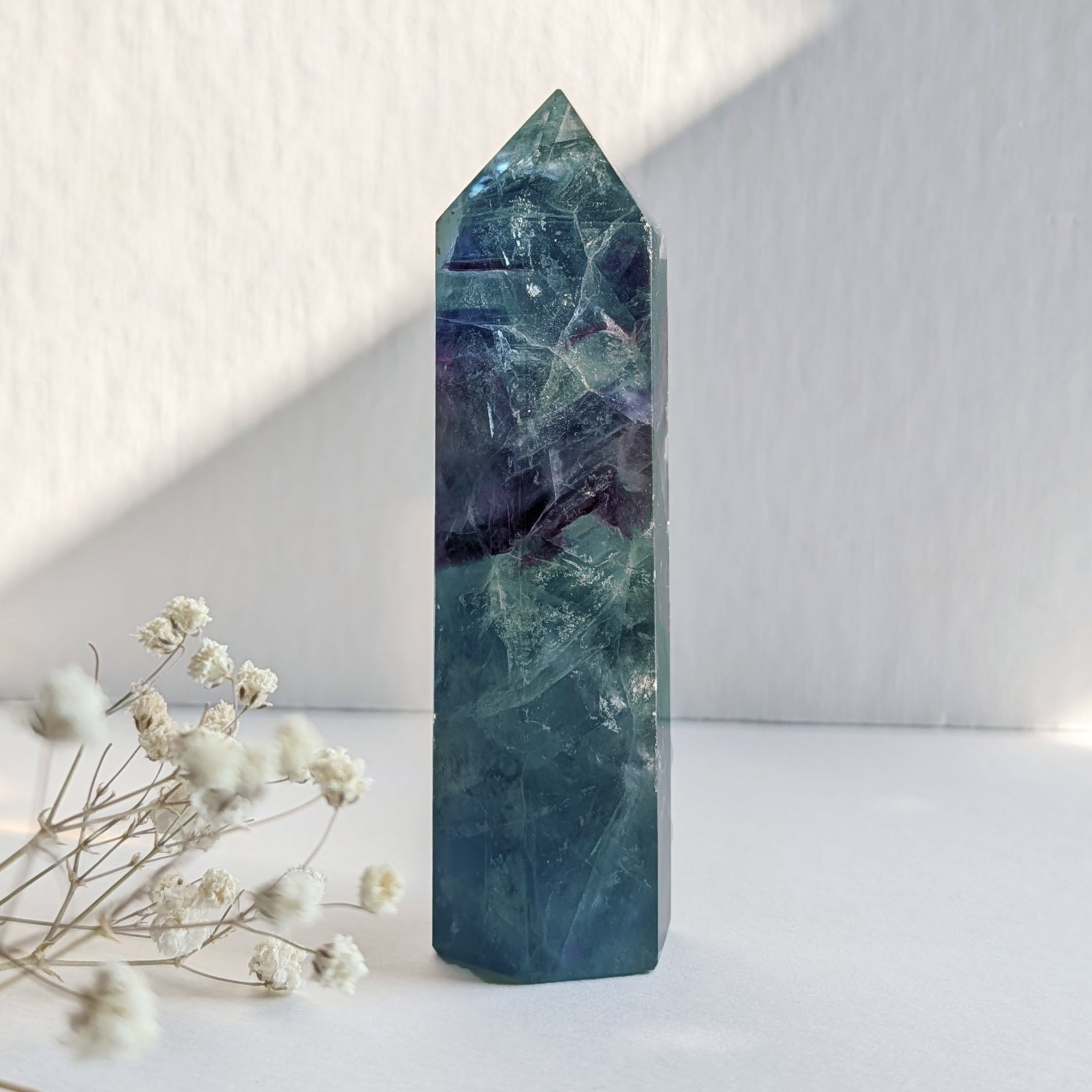 4″ rainbow fluorite tower, teal purple green blue fluorite crystal generator