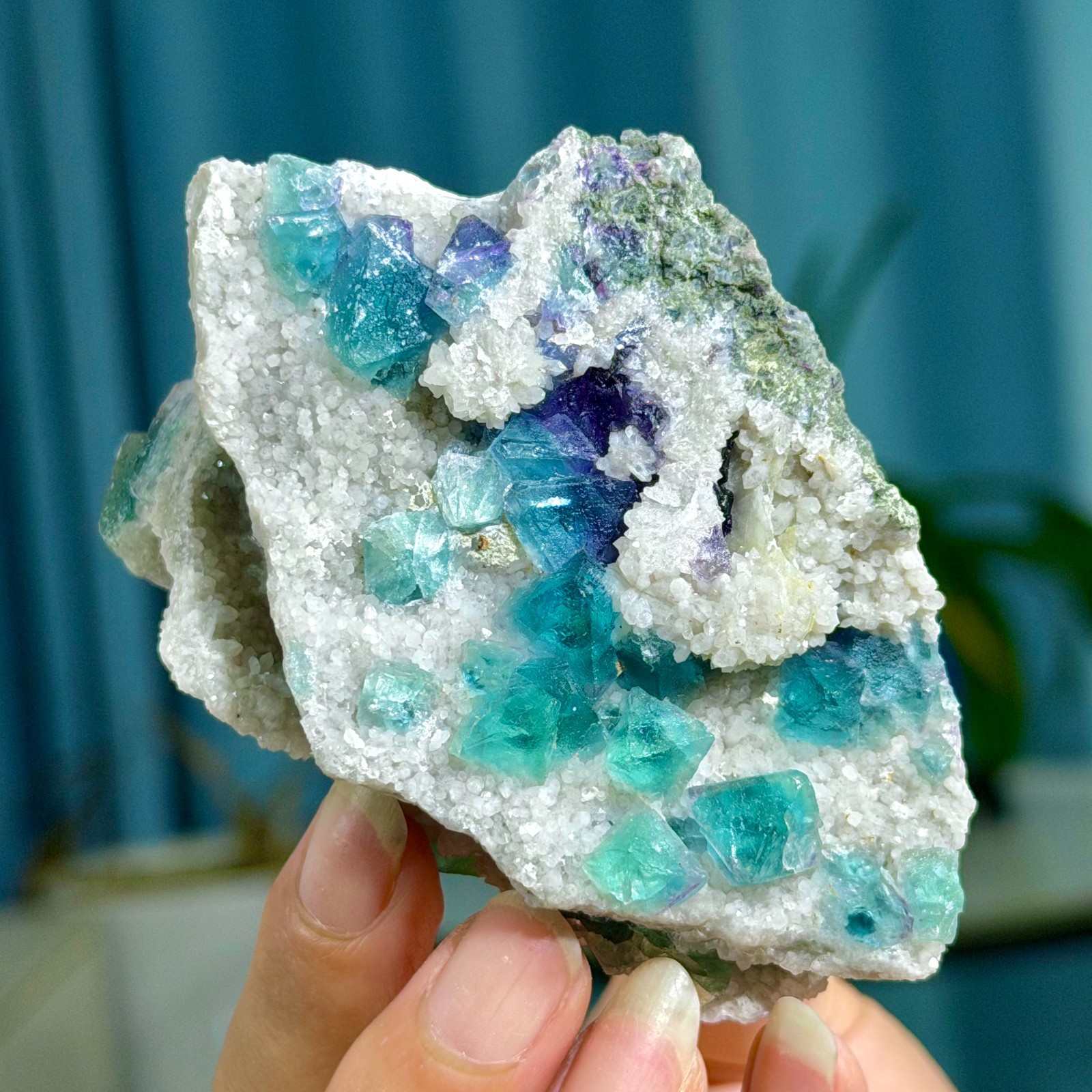 214G Natural Blue-Green-Purple Octahedron Fluorite with Calcite Crystal Specimen