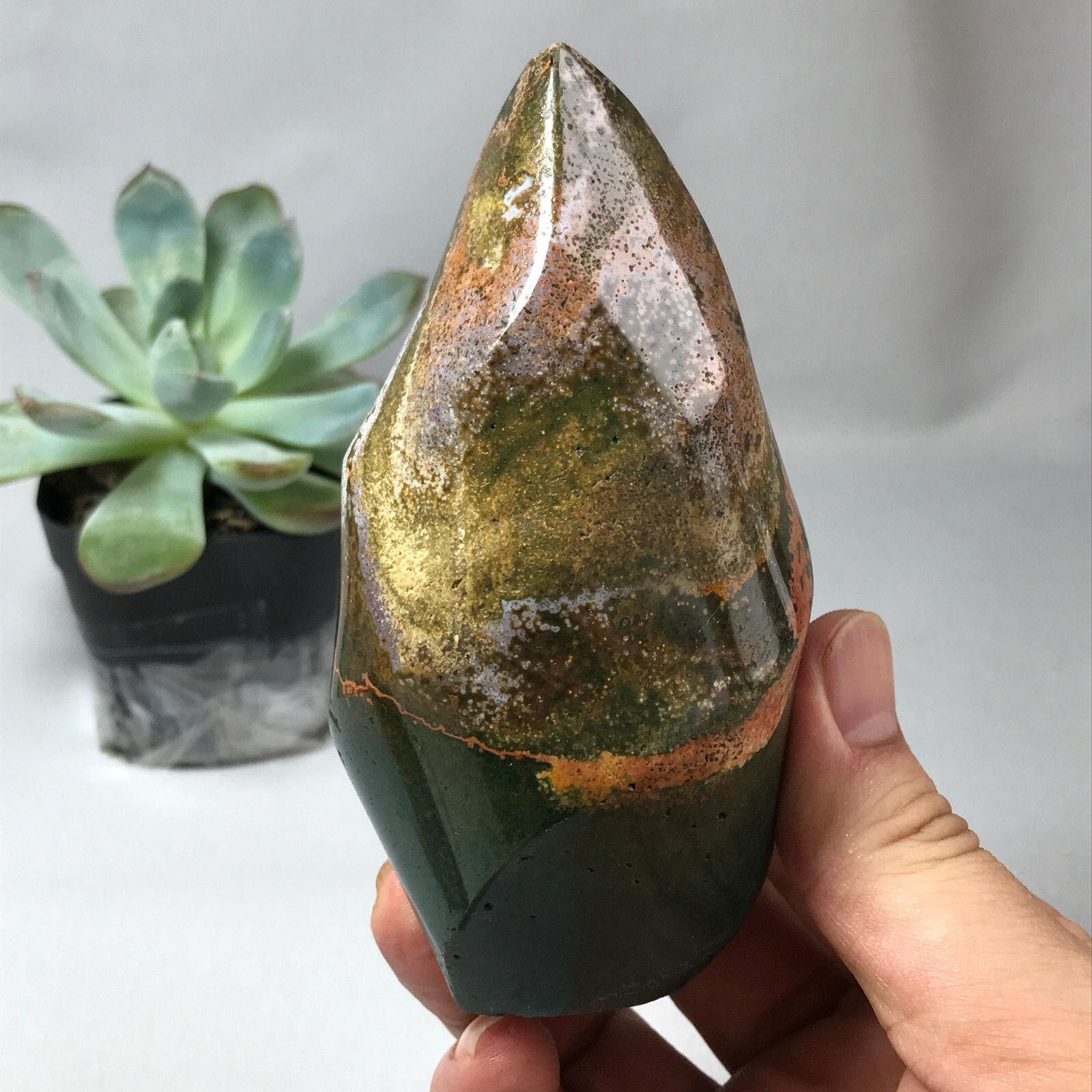 Natural Ocean Jasper torch Hand carve polish Crystal free standing 362g g6632
