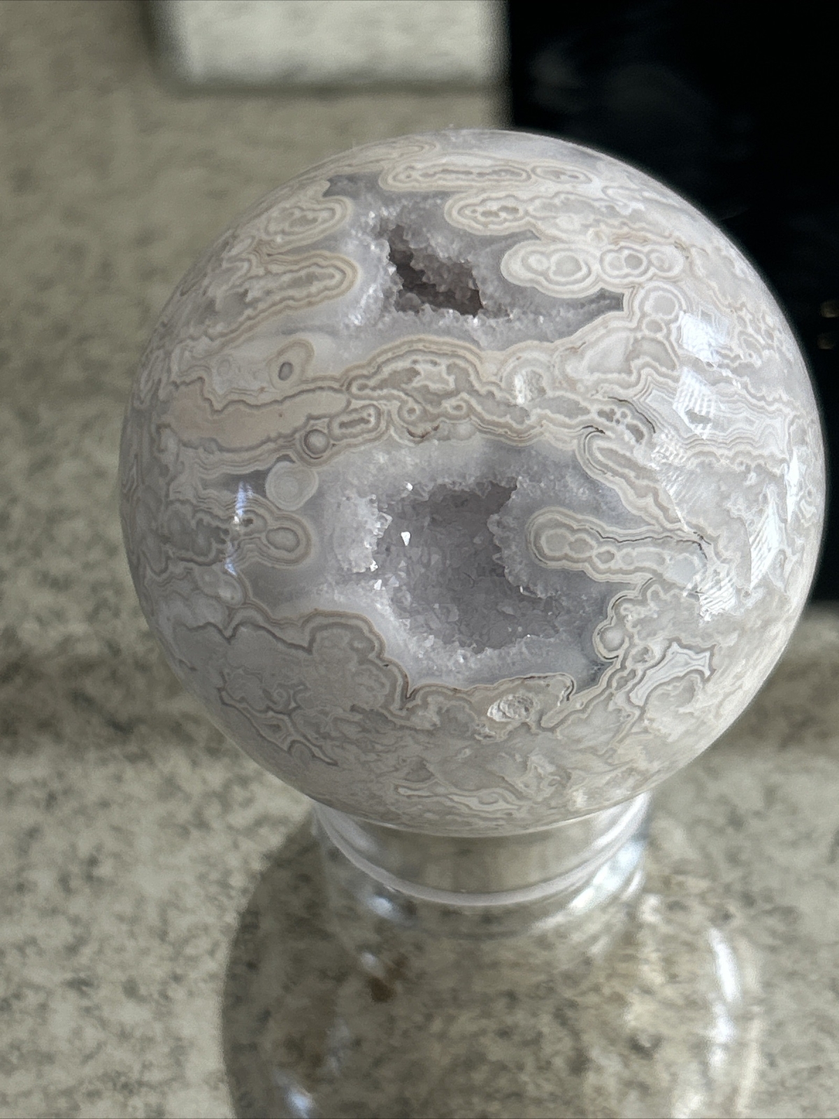 Quartz Druzy Filled White Agate Calming Manifesting Crystal Stone Sphere 3” Diam