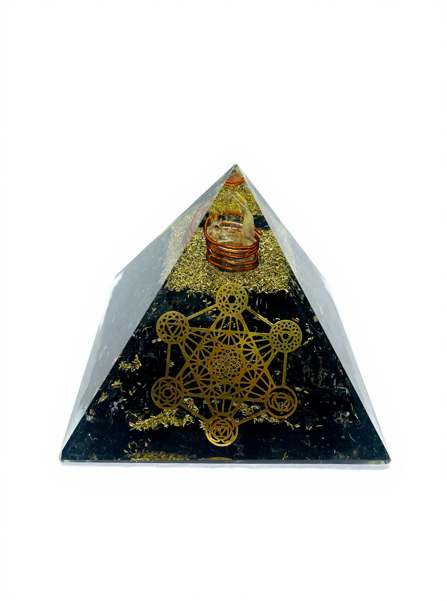 Black Tourmaline Orgone Pyramid with Copper Coil & Metatron Cube Chakra Balance