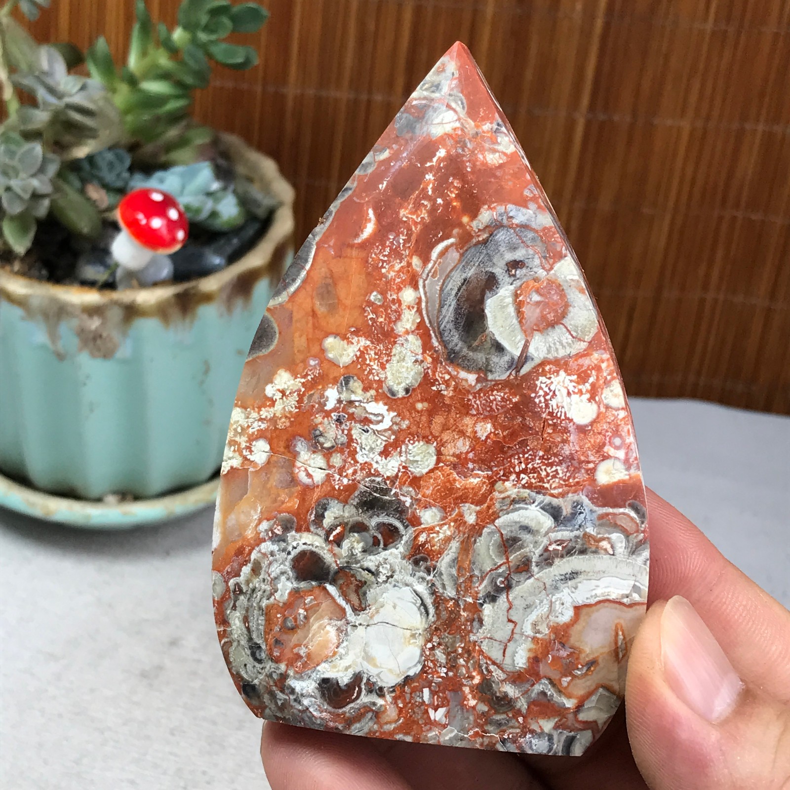 Natural money Mexico agate hand carve leaf Crystal Specimen free standing A6256