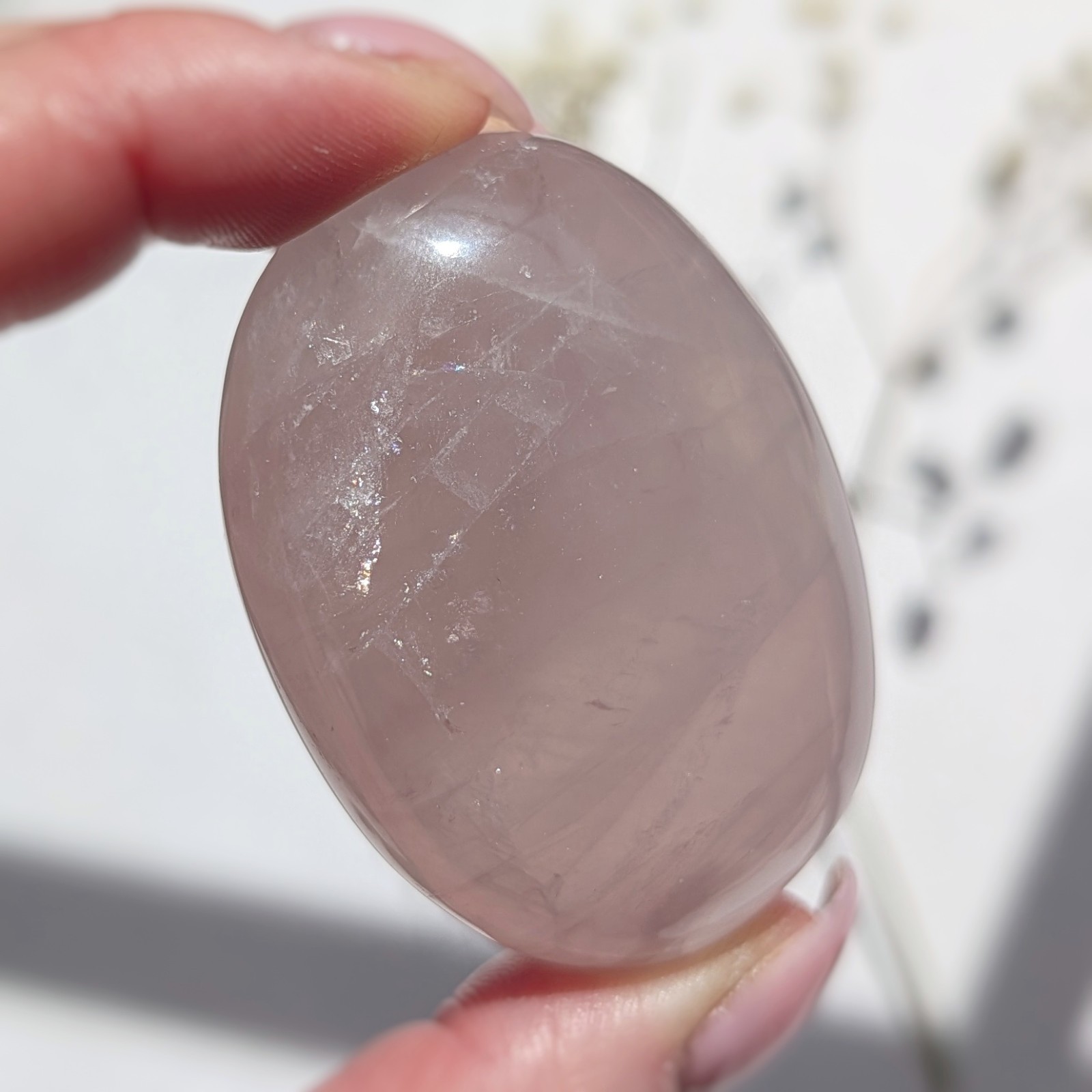 2″ shimmery rose quartz palmstone with asterism, star rose quartz palm crystal
