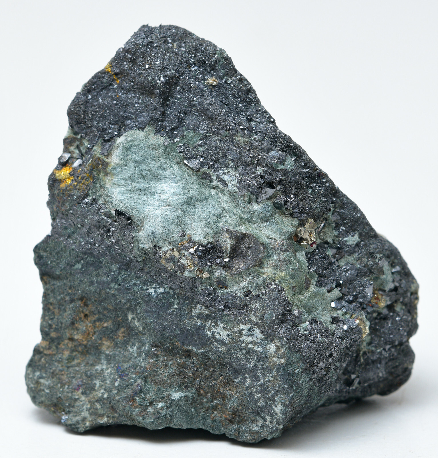 Magnetite crystals, Chalcopyrite. Mineral Hill Mine, Maryland. 108 grams.