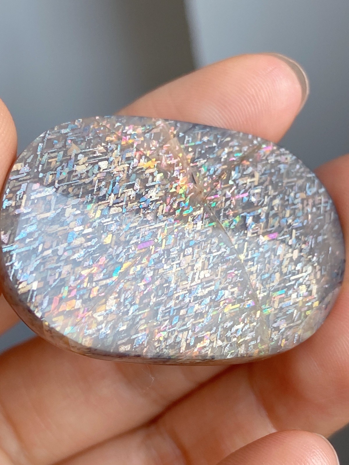 Rare Rainbow Grid Fibrous Sunstone Palm Stone Collector Grade Crystal