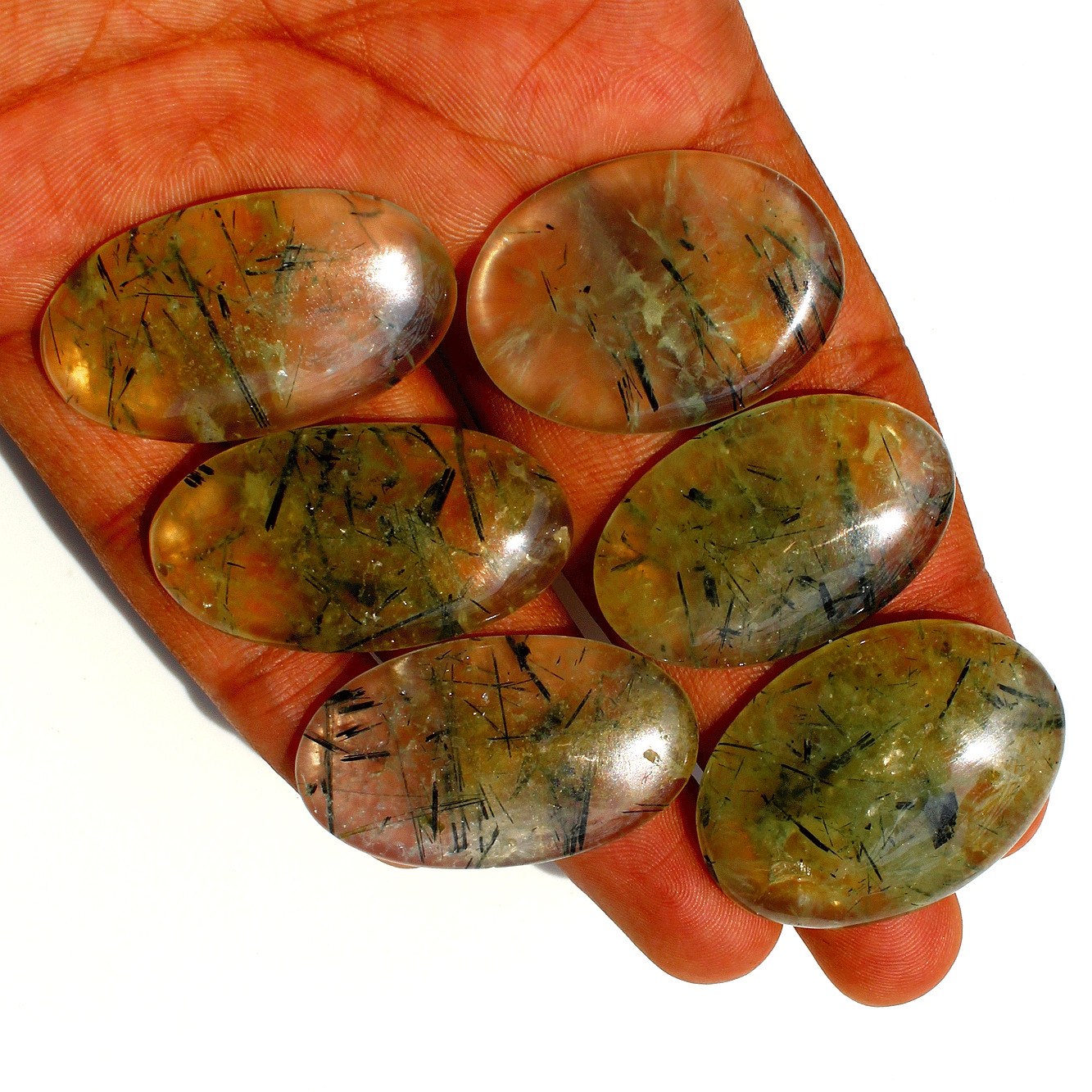 6 Pcs Natural Tourmaline Rutile In Prehnite Small Crystal Palmstones Specimen