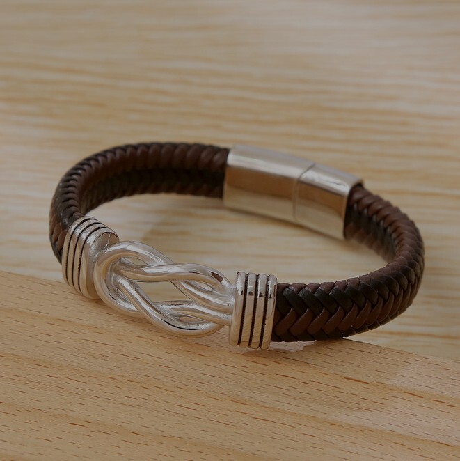 Men’s Leather Braided Silver Bracelet Wristband Stainless Steel Wrist Bangle