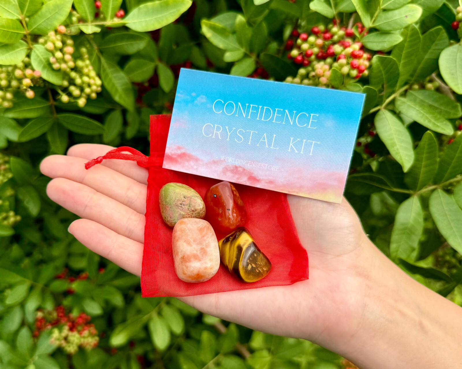 Confidence Crystal Kit, 4 pcs In Pouch – Carnelian, Sunstone, Unakite, Tiger Eye
