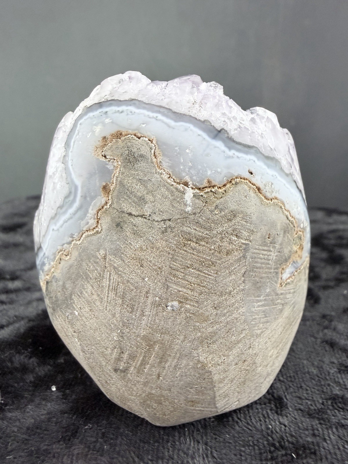 Silver Amethyst Crystals in Polished, Cut Base Lava Vug, from Uruguay 172 g.