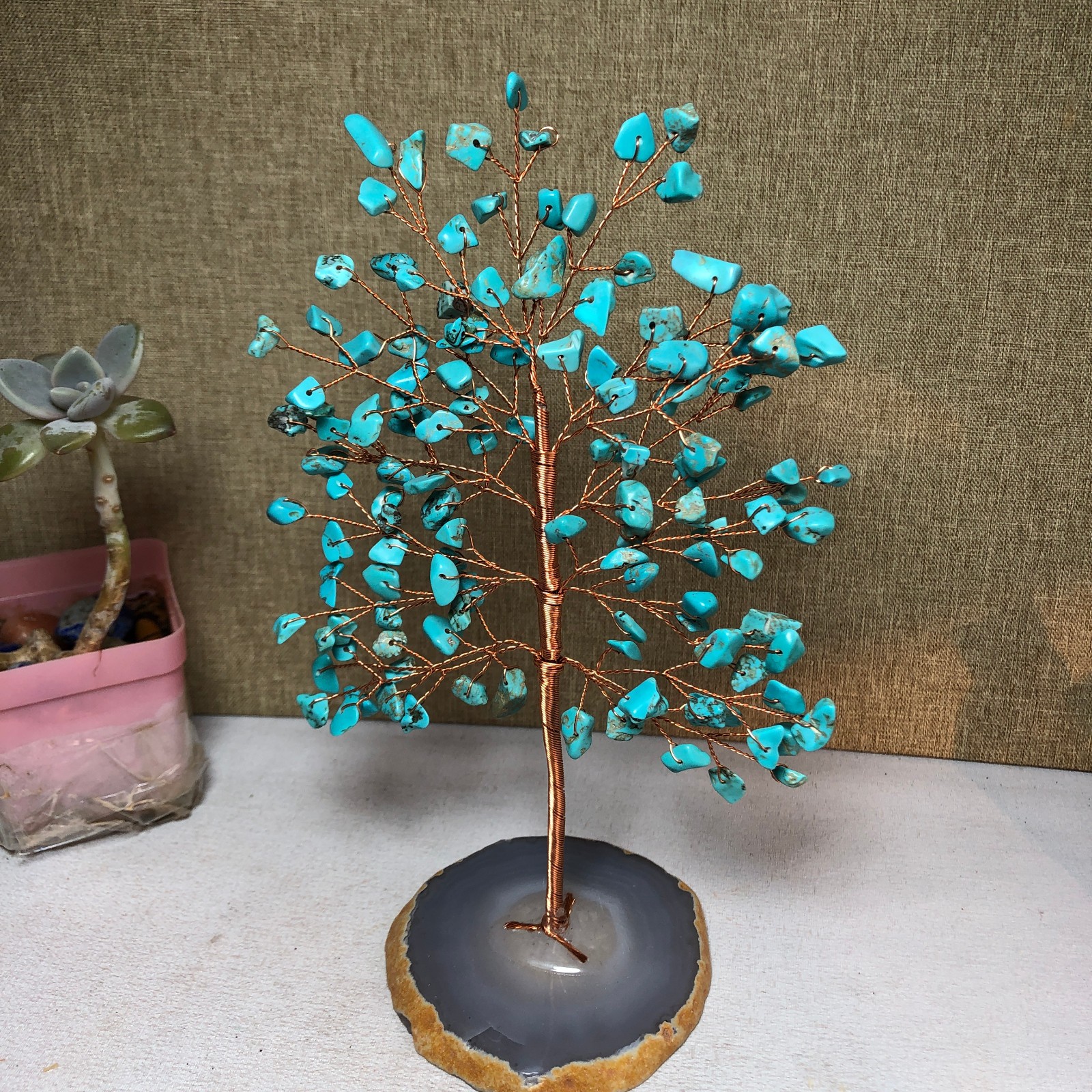 130mm Natural Wealth Tree turquoise crystal gravel agate slice base 123g A2476