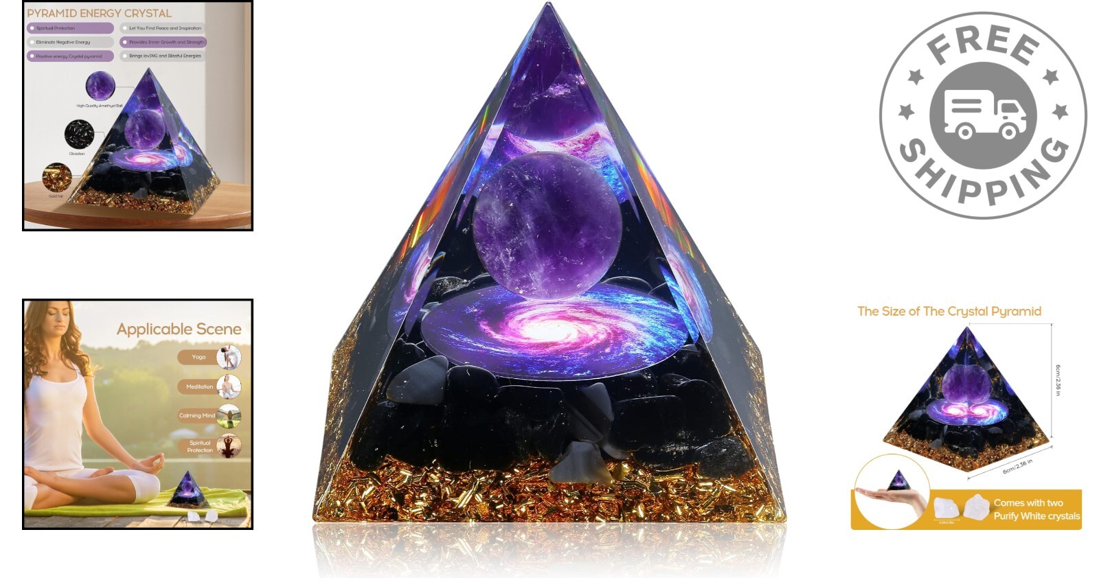 Modern Orgone Pyramid with Amethyst and Obsidian – Enhance Chakra and Meditation