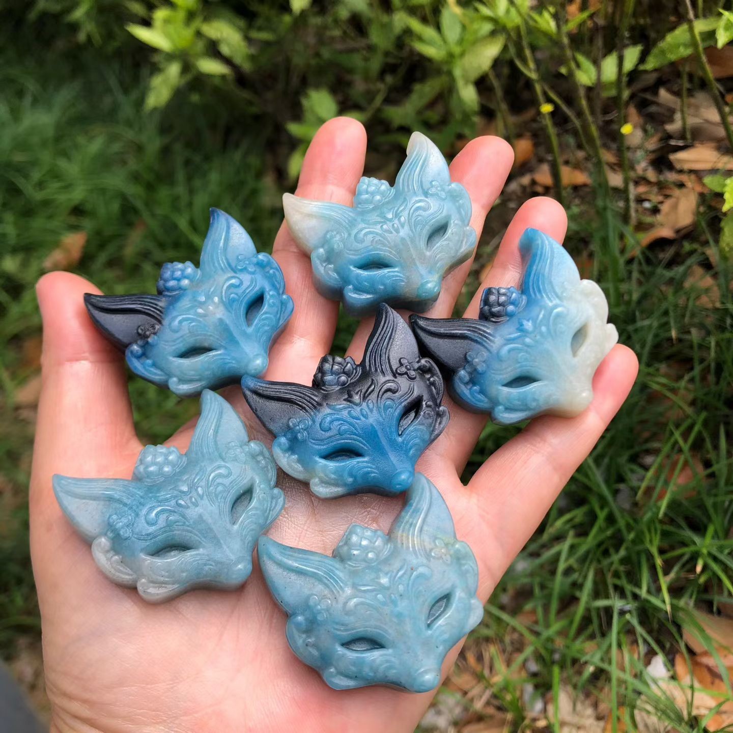 2pc Natural Blue Aventurine Quartz Carved Mini Fox mask Skull Crystal Reiki