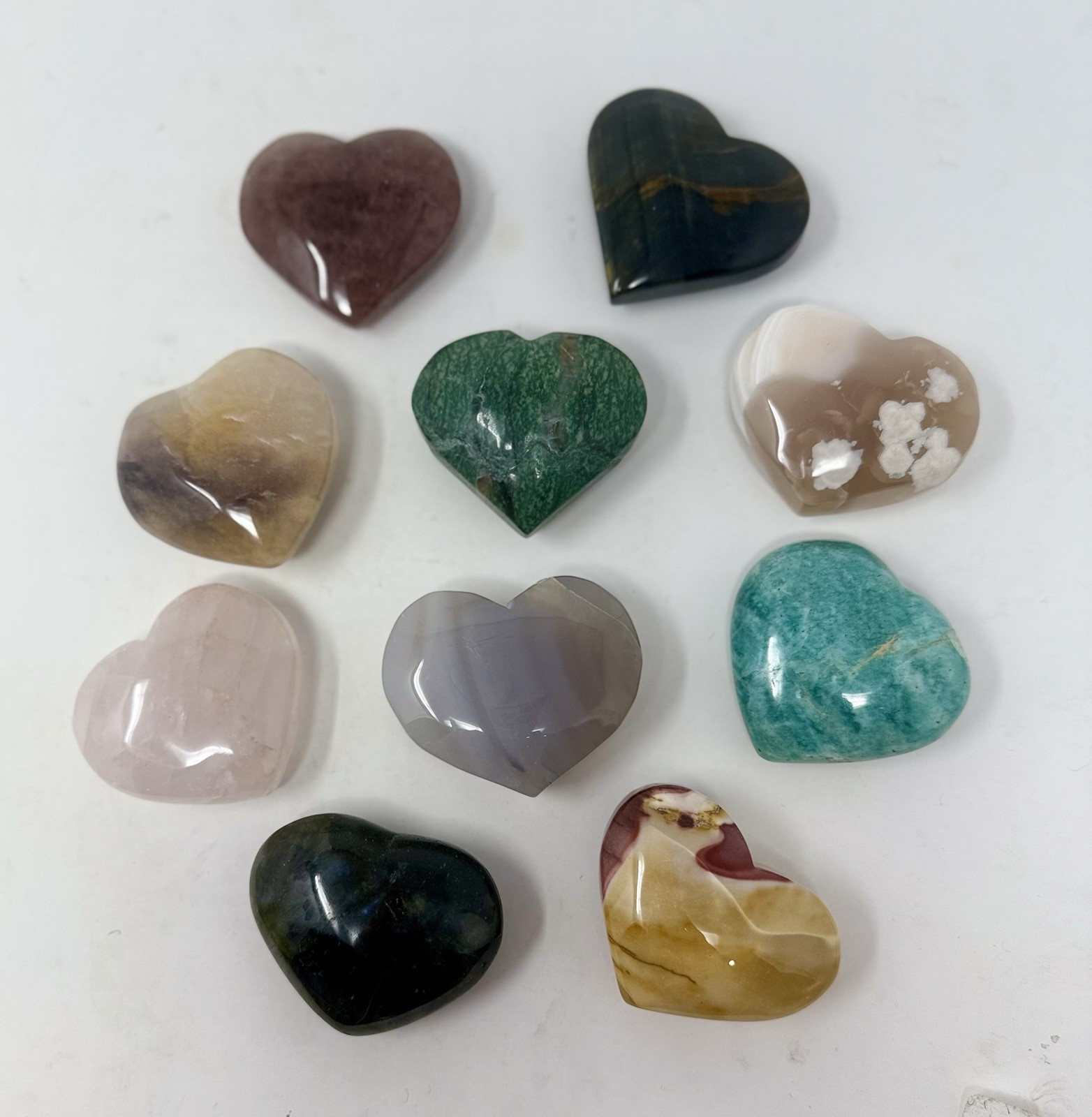 1 1/2 Lbs. Lot Of 10 Crystal Polished 2” Hearts Mixed Materials Good Quality