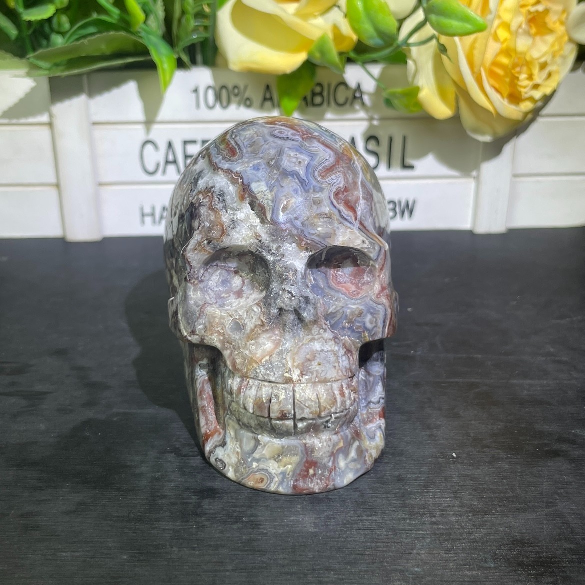 1.7LB 3.9″ Natural Mexican Agate Skull Carved Crystal Reiki Quartz Healing
