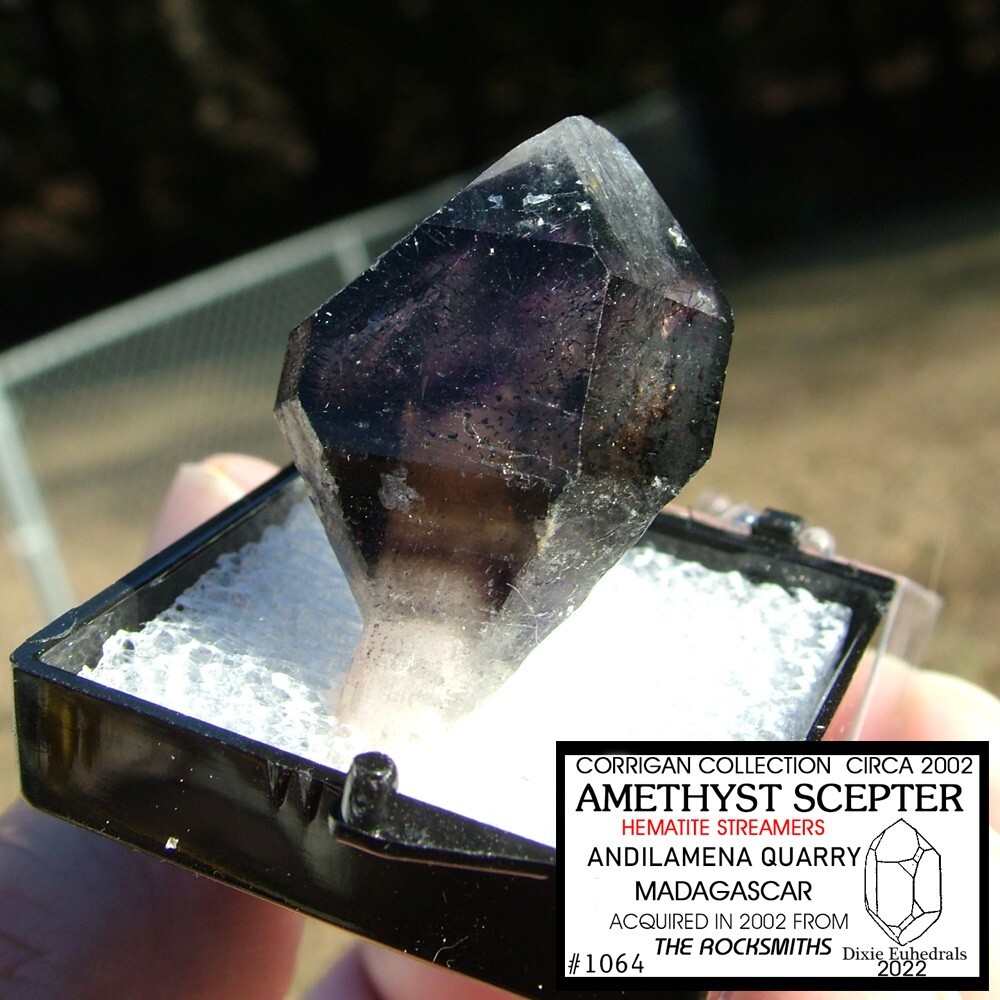 AMETHYST SCEPTER CRYSTAL w HEMATITE STREAMERS perky box ANDILAMENA MADAGASCAR