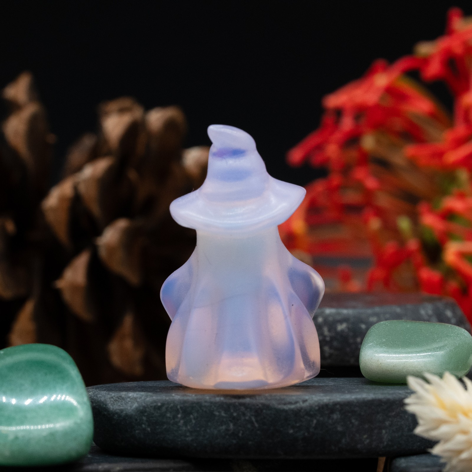 Pink Opalite Crystal Ghost Carving Stone Halloween Ghost Witch Hat Home Decor