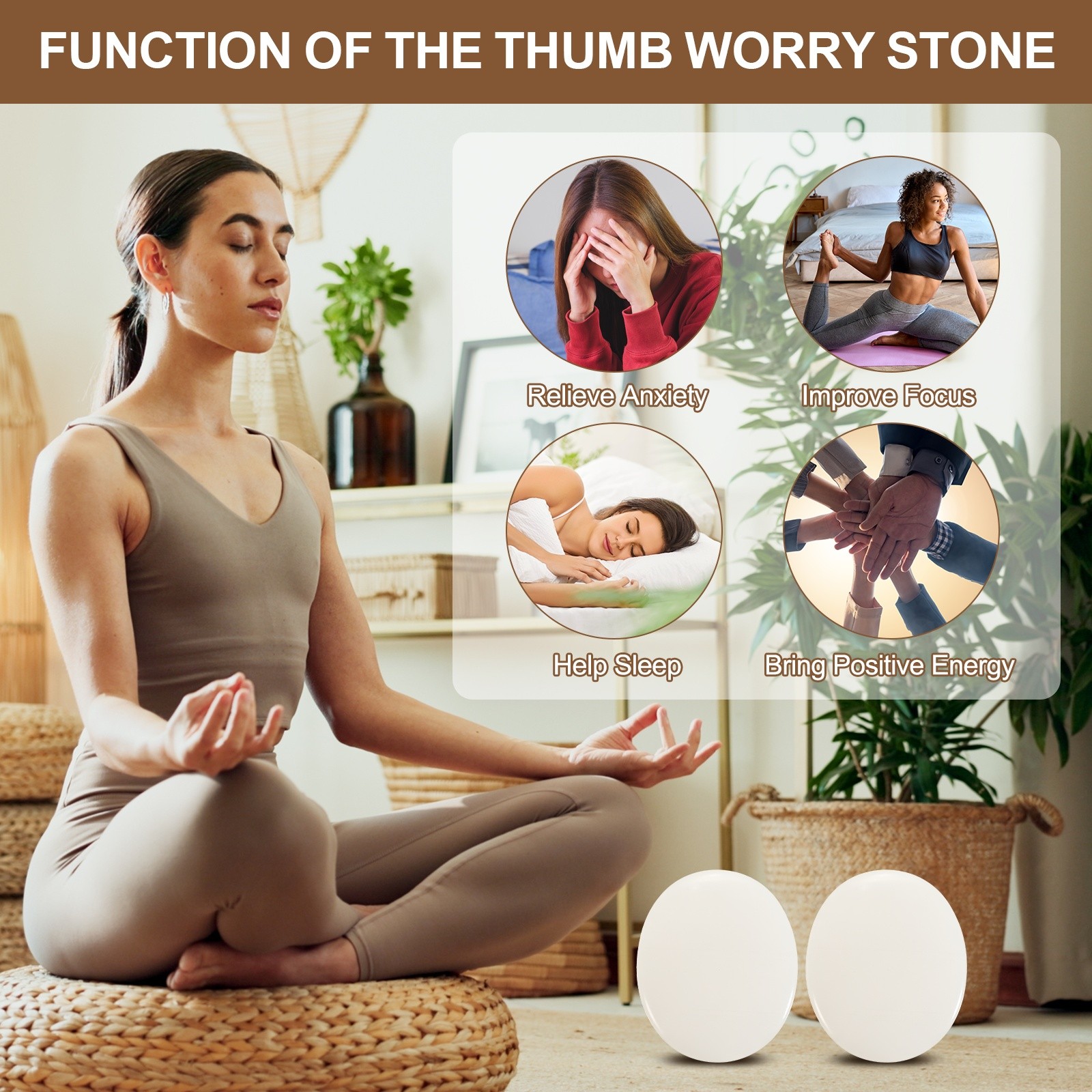 2Pcs White Jade Thumb Worry Stone Relief Crystals Hand Thumb Stones