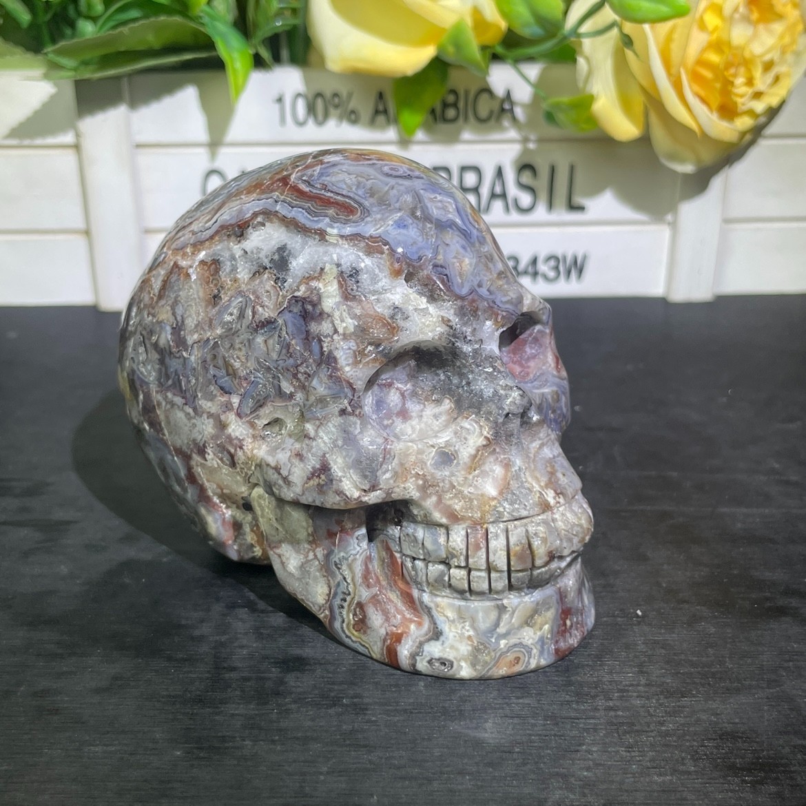 1.7LB 3.9″ Natural Mexican Agate Skull Carved Crystal Reiki Quartz Healing