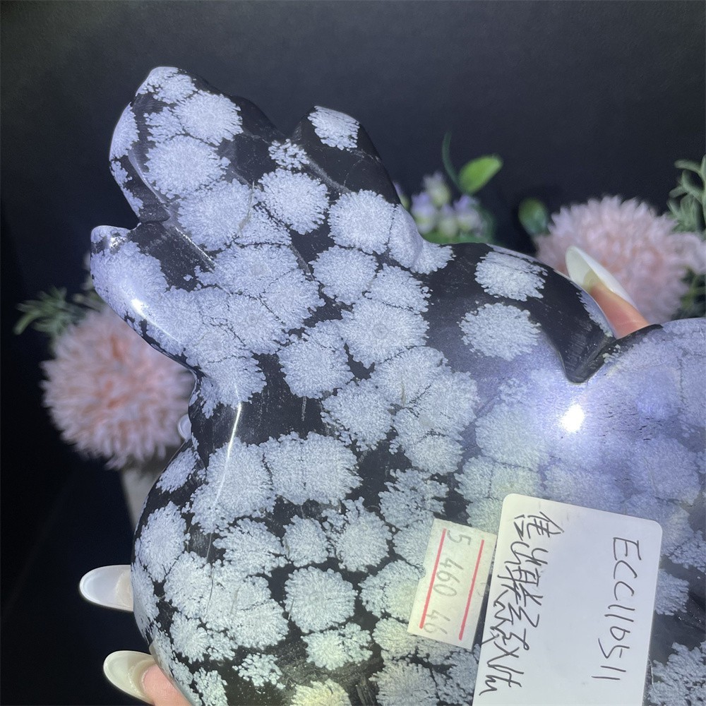 1.7LB 8″ Natural Snowflake Obsidian Flower Carved Heal Crystal Quartz +stand