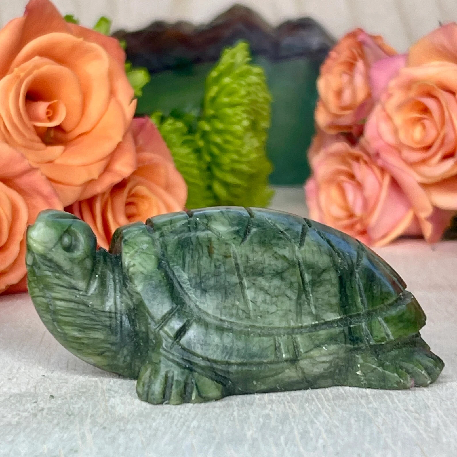 Green Jade Turtle | Carved Crystal Turtle | Christmas Gift | Tortuga Figurine