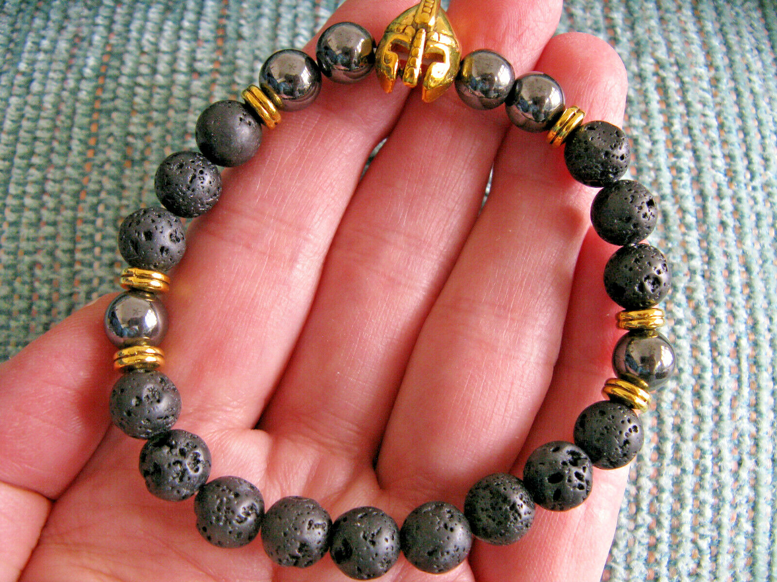 NEW INDIGO RIDGE MENS NATURAL LAVA STONE & HEMATITE BRACELET W/ VIKING GLADIATOR