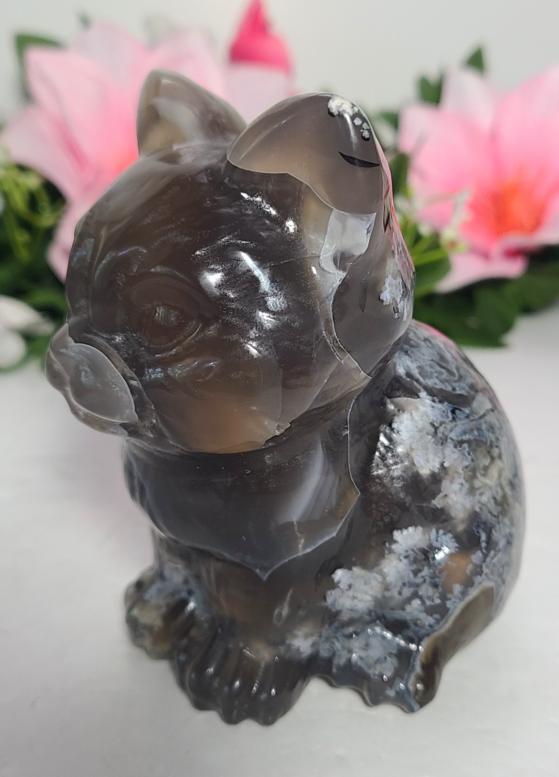 Large 4″ 554g UV Reactive Volcano Agate Cat Kitten Stone Crystal Carving Statue