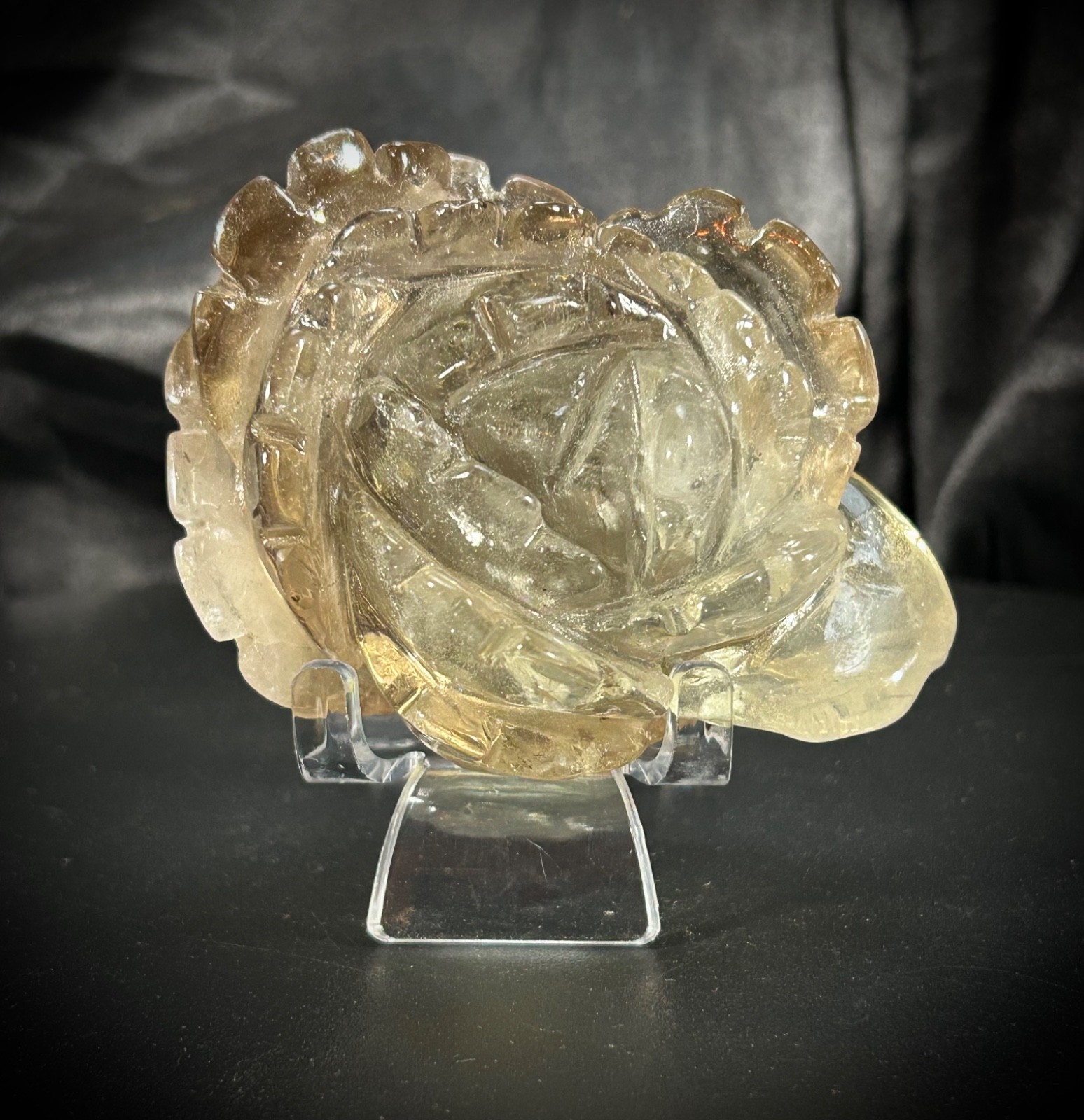 3.26″ Natural Smokey Citrine Lotus Carving With Acrylic Stand 9oz (255 grams)