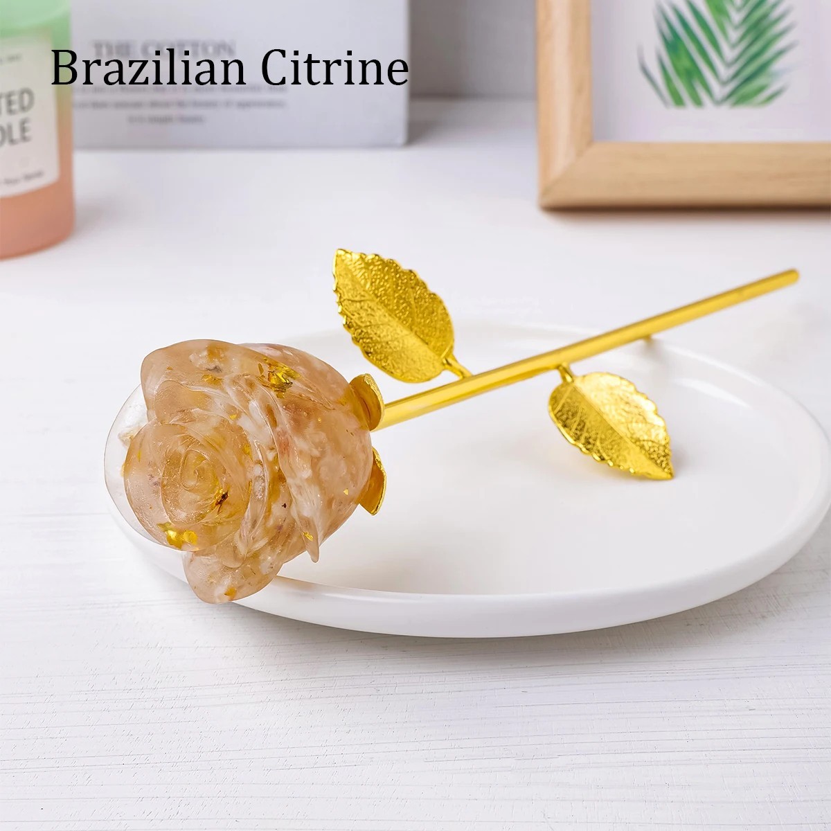Rose Quartz Crystal Flower Statue – Healing Gemstone Decor with Gold Stem Gift