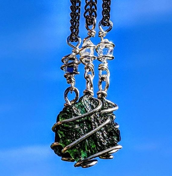 MOLDAVITE & HERKIMER DIAMOND Necklace. Tektite Crystal 925 Pendant Synergy 12