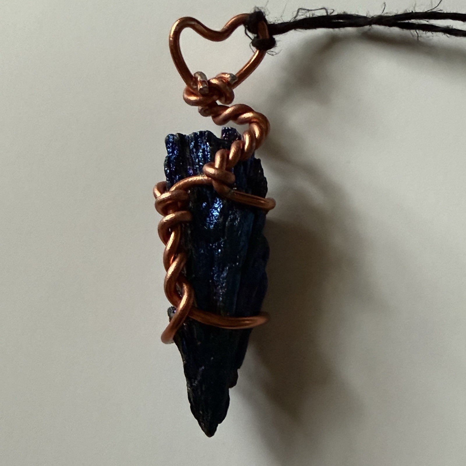 Treated Blue Rainbow Aura Kyanite Ornament Copper Colored Wire Wrapped Hemp 2″