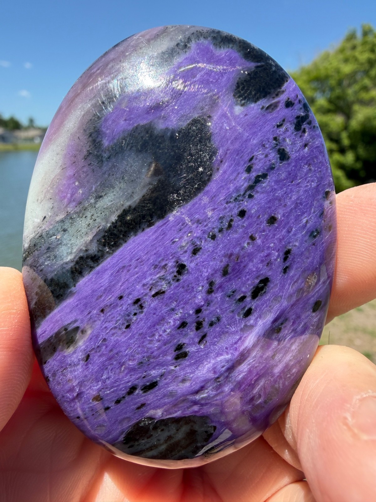AA Grade Charoite Polished Gemstone Large Palmstone 2 3/4″ 92 Grams