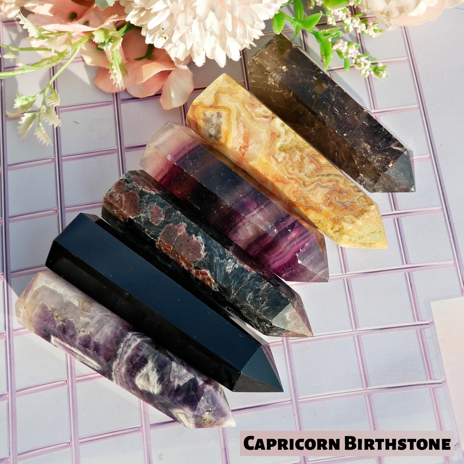 6PCS Capricorn Birthstone Crystal Tower Set Healing Chakra Point Wand Gems Gift
