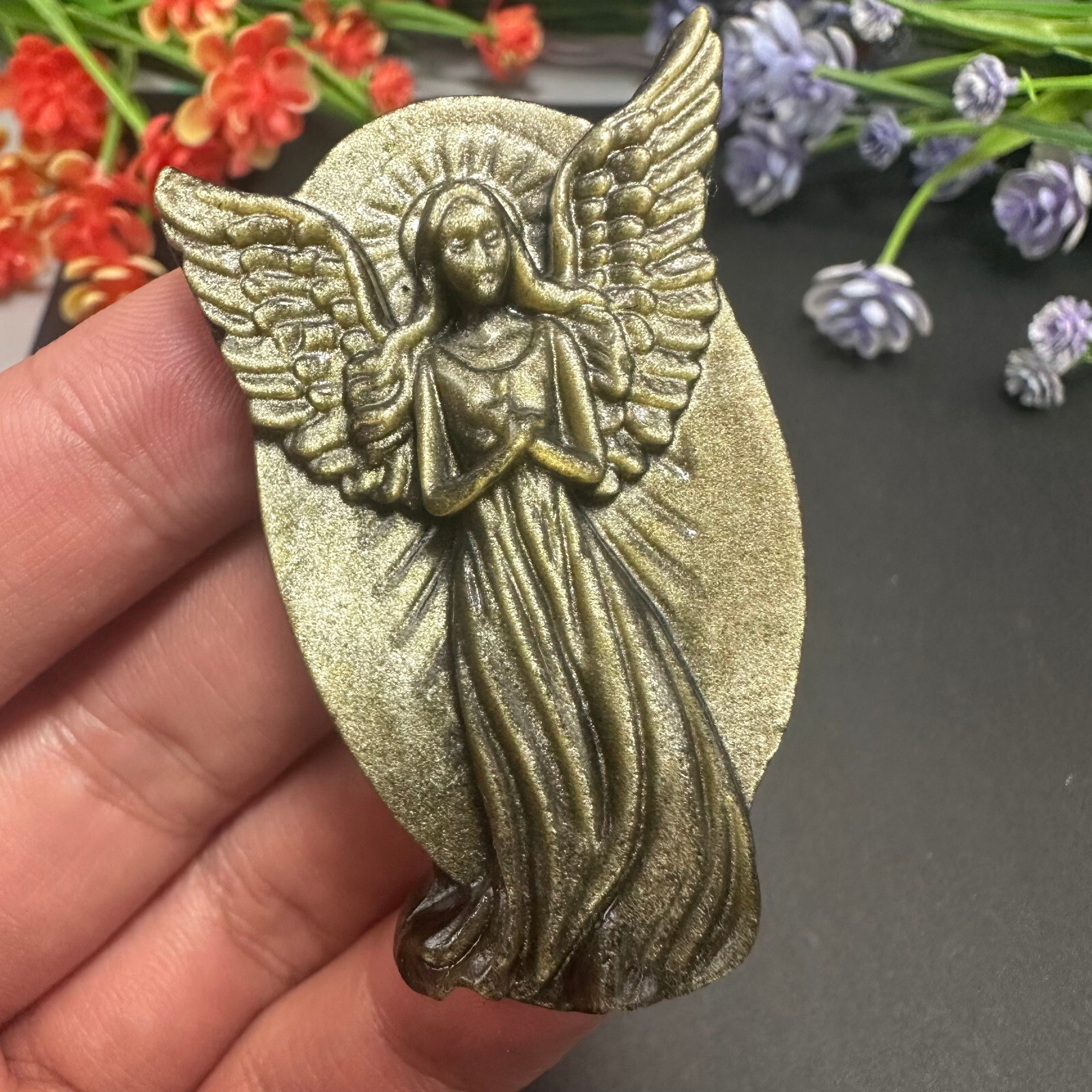 Natural Gold Obsidian Carved Angel Goddess Quartz Skull Crystal Reiki Healing 1p