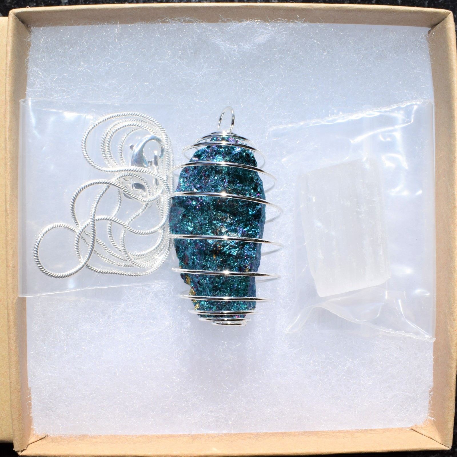 Baby Peacock Ore Chalcopyrite Crystal Energy Pendant + 20″ Stainless Steel Chain