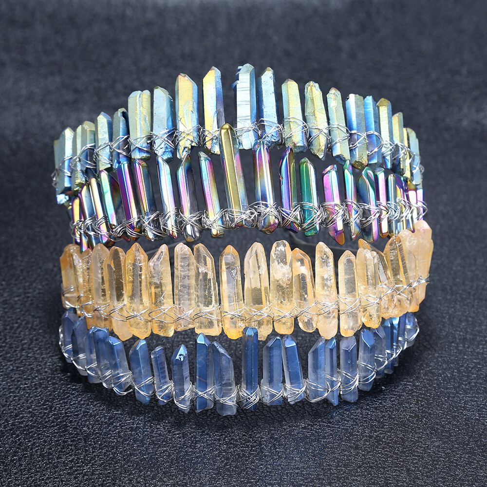 1PC Quartz Crystal Crown Gradient Green Pink Stone Angel Aura Hair Hoop Headband