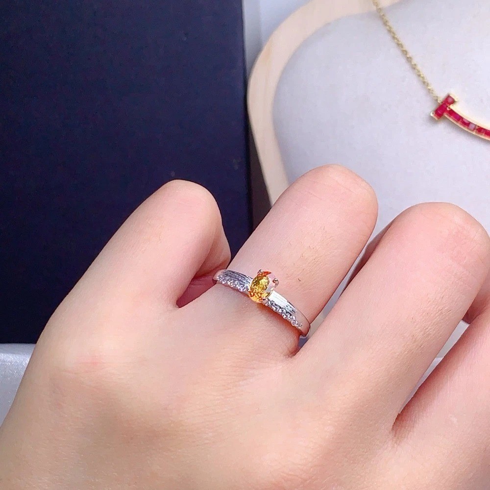 Natural Citrine open Adjustable brushed ring Gemstone S925Silver Plated18K Gold