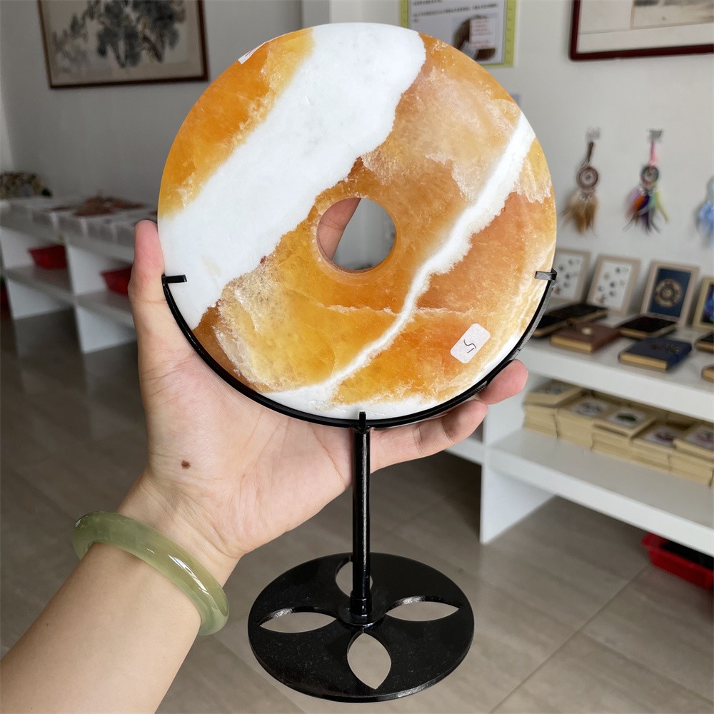 2.2LB 9.8″ Natural Yellow Calcite Donut Quartz Crystal Hand Carve Reiki Ornament