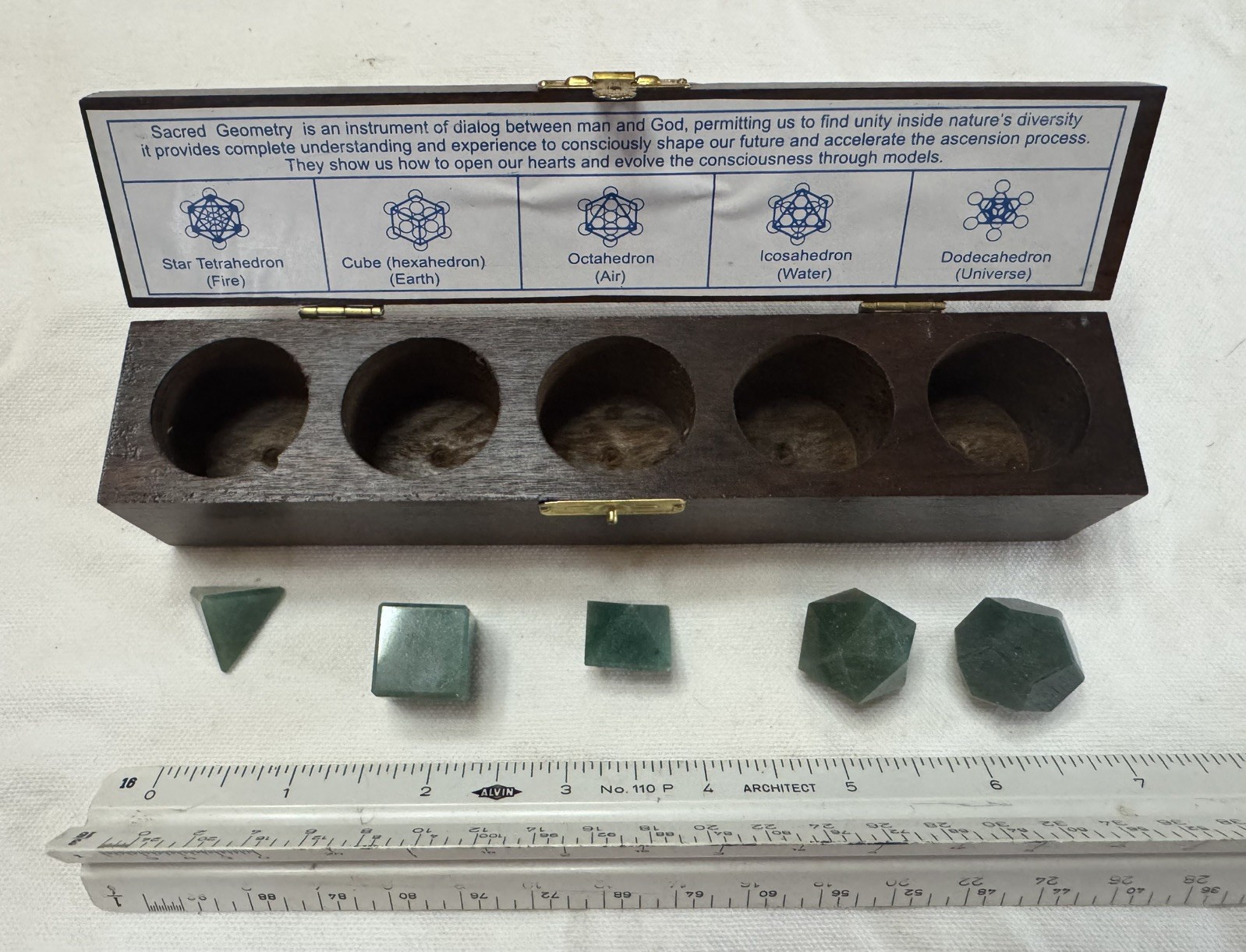 Vintage Green Indian Agate 5pc Sacred Geometry Set Platonic Solids w/Wooden Box