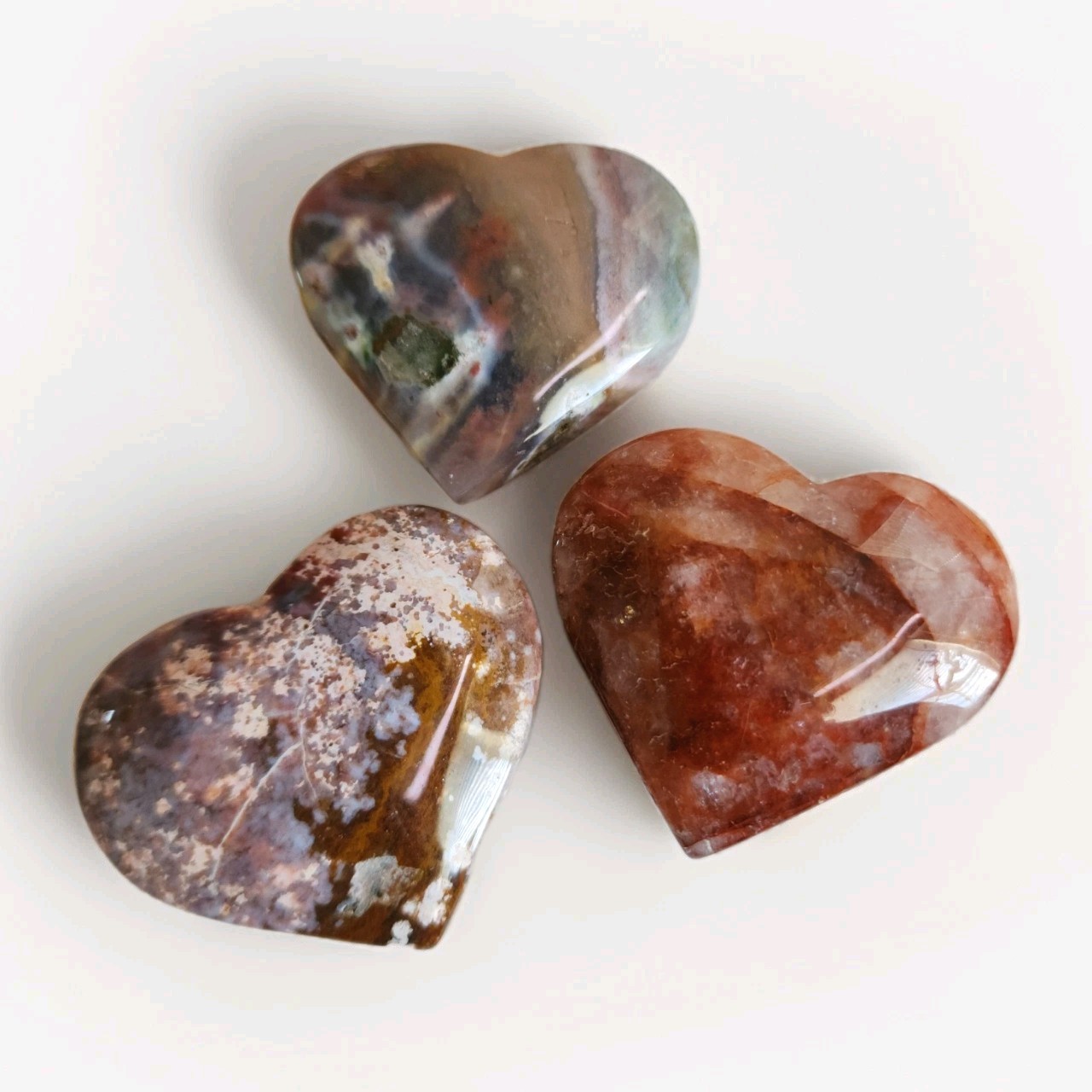 Lot Of 3 Polished Ocean Jasper ×2 & Red Fire Quartz Hearts – USA