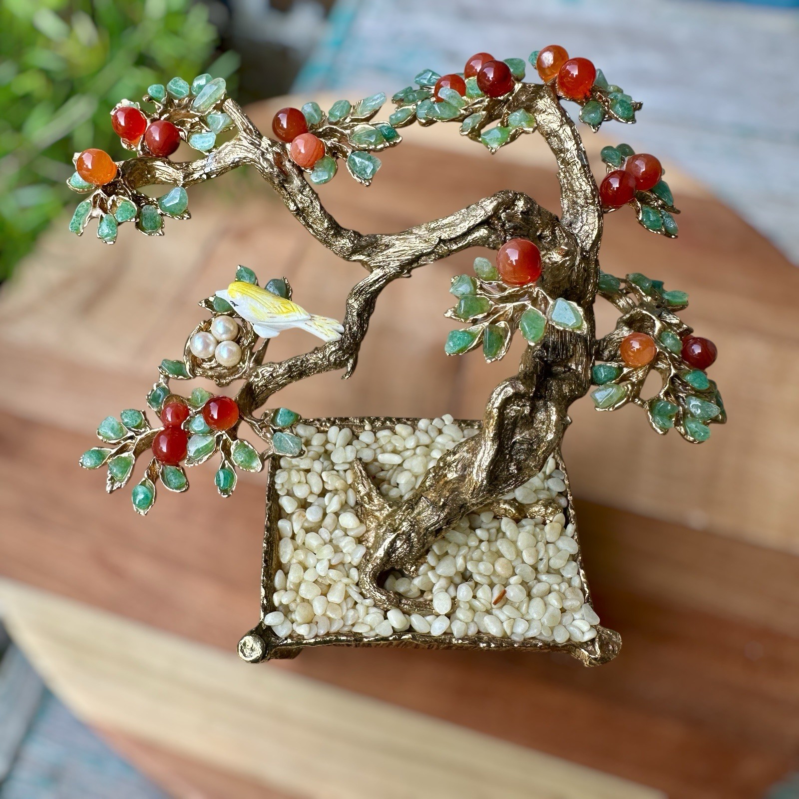 Vintage Swoboda Gemstone Bonsai Tree 4 Inch Sculpture Carnelian Pearl Quartz