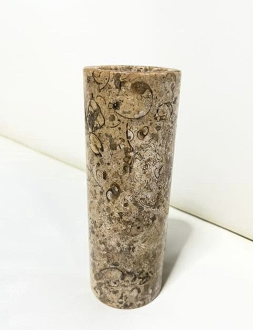 Fossilized Natural Stone Vase, Beige, 14.5” Tall, Pakistan