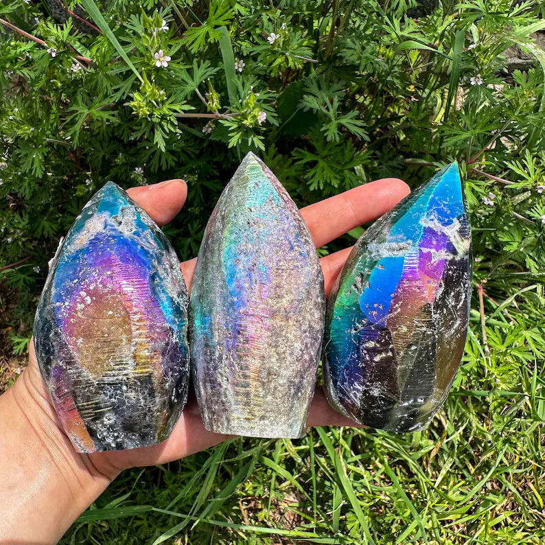 150-200g Titanium Angel Aura Sphalerite Flame Tower Rainbow Crystal Cluster